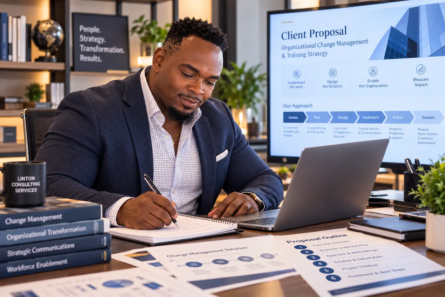 Cedric Linton preparing a client proposal for organizational change management and training strategy